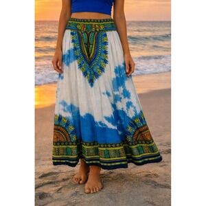 Bella Moda Womens Dashiki Print Maxi Skirt Blue‎ White Boho 1X NWT